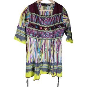 TEENUP Purple Green Gray Half Sleeve Beaded Buttons Tunic Top Dress SZ L/XL